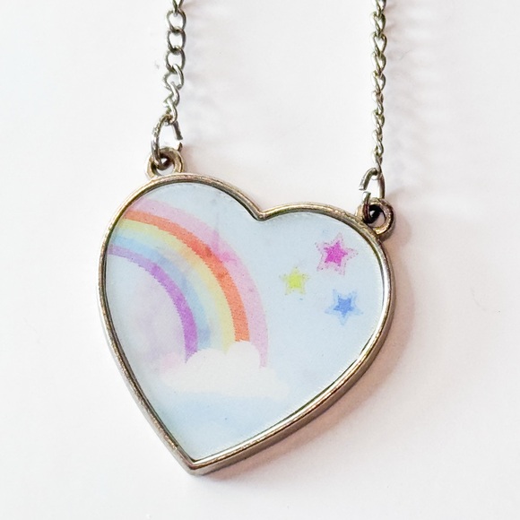 Lenticular Heart Necklace Rainbow Unicorn Flip Image Silver Tone - Picture 2 of 6